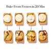 Bake-from-frozen artisan cheese pastries in decorative puff pastry, shown before & after baking with various fillings