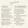 Ingredient list for small cheese and charcuterie board with six cheeses including maple leaf cheddar, three cured meats, and eight accompaniments.