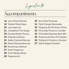 Ingredient list for large cheese and charcuterie board showing twenty accompaniments including dried fruits, nuts, olives, marmalades, chocolates, and specialty crackers.