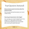 FAQ graphic explaining that no one needs to be home for charcuterie board delivery and boards last 5-7 days refrigerated.