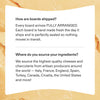 FAQ about charcuterie board shipping fully arranged and ingredients sourced from artisan producers worldwide.