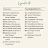 Ingredient list for medium holiday cheese board displaying eleven gourmet cheeses and ten accompaniments including dried fruits, nuts, ginger, marmalades, and crackers.