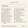 Ingredient list for large Jewish holiday all-cheese board with twenty specialty cheeses including Gouda, Cheddar, Wensleydale, Brie, and flavored varieties.