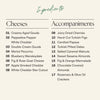 Ingredients list for classic cheese board displaying eight artisanal cheeses and nine accompaniments including dried fruits, nuts, and spreads for Jewish holidays.