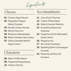 Ingredient list for New Years cheese and charcuterie board featuring Gouda, Cheddar, salami, dried fruits, nuts, olives, and champagne.