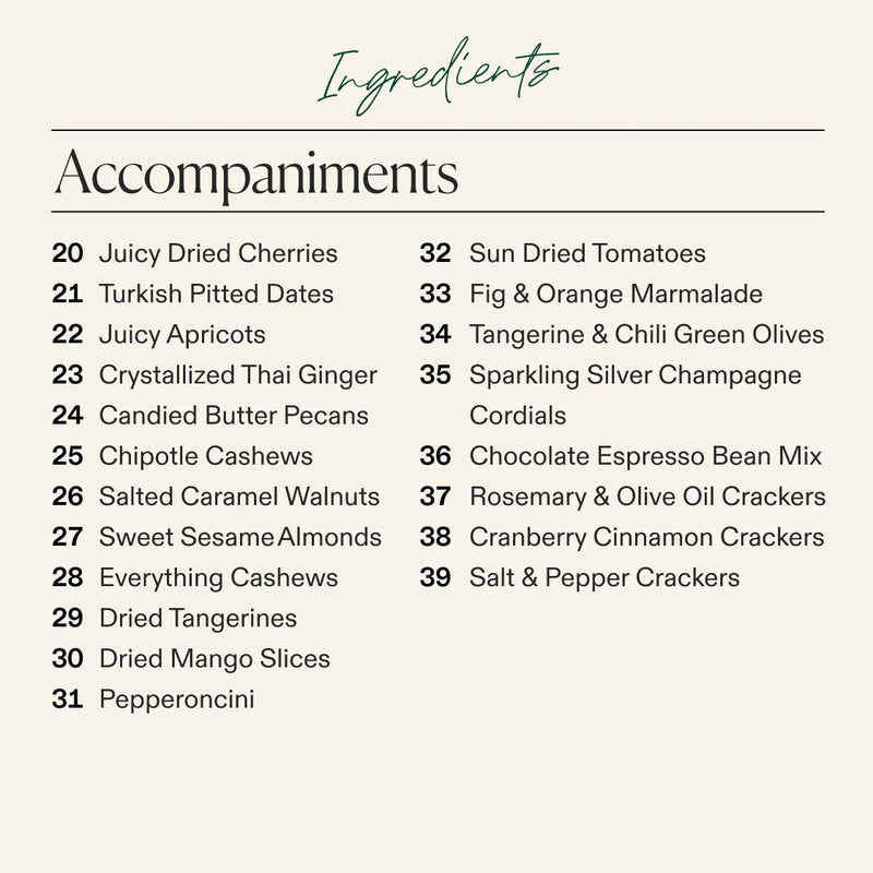 Accompaniments ingredient list for New Years cheese board with dried fruits, nuts, olives, marmalade, crackers, and champagne.