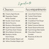 Medium Thanksgiving cheese board ingredients list showing eleven gourmet cheeses and ten seasonal accompaniments including maple leaf cheddar cutouts and chocolate prosecco cordials.