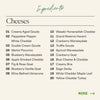 Thanksgiving cheese board ingredients list showing twenty gourmet cheeses including cranberry wensleydale, white cheddar maple leaf, and yellow cheddar turkey with seasonal varieties.