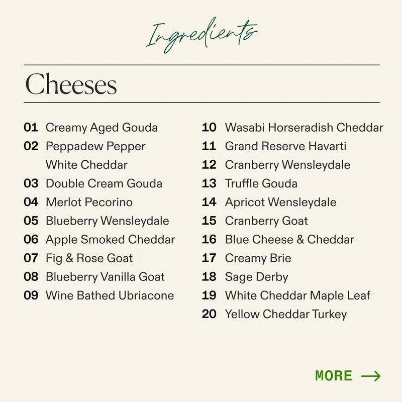 Thanksgiving cheese board ingredients list showing twenty gourmet cheeses including cranberry wensleydale, white cheddar maple leaf, and yellow cheddar turkey with seasonal varieties.