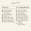 Thanksgiving cheese and accompaniments ingredients list displaying eight gourmet cheeses and nine seasonal items including pumpkin spice malted milk balls and fig marmalade.
