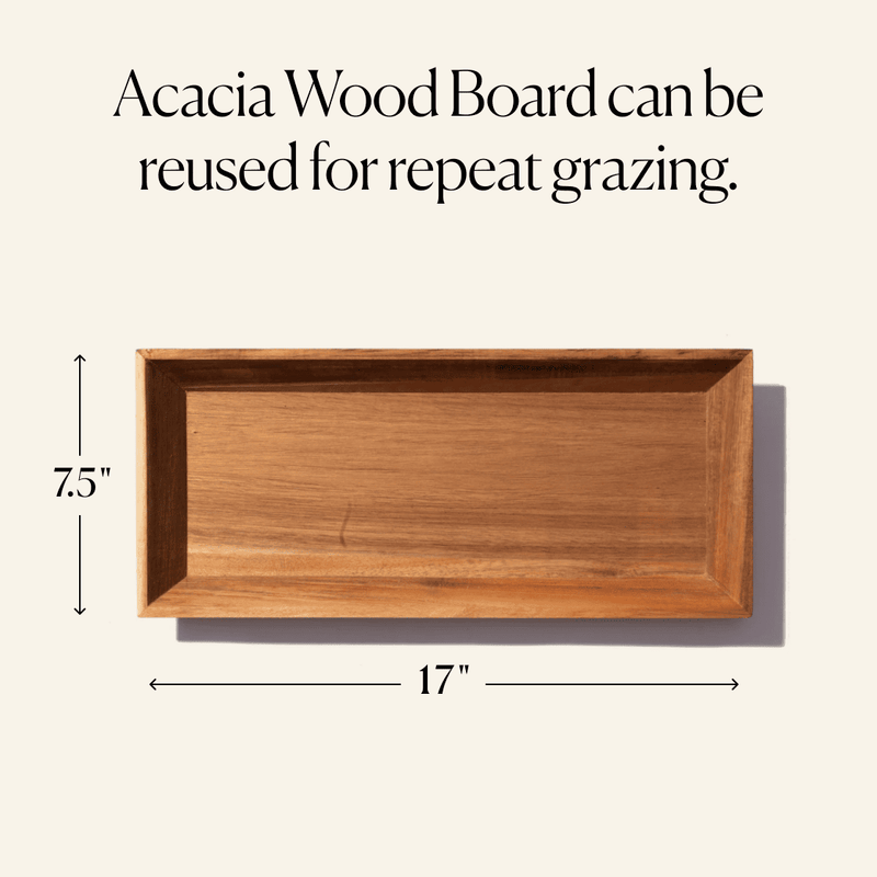 Reusable acacia wood charcuterie board shown empty with 17 by 7.5 inch dimensions labeled.