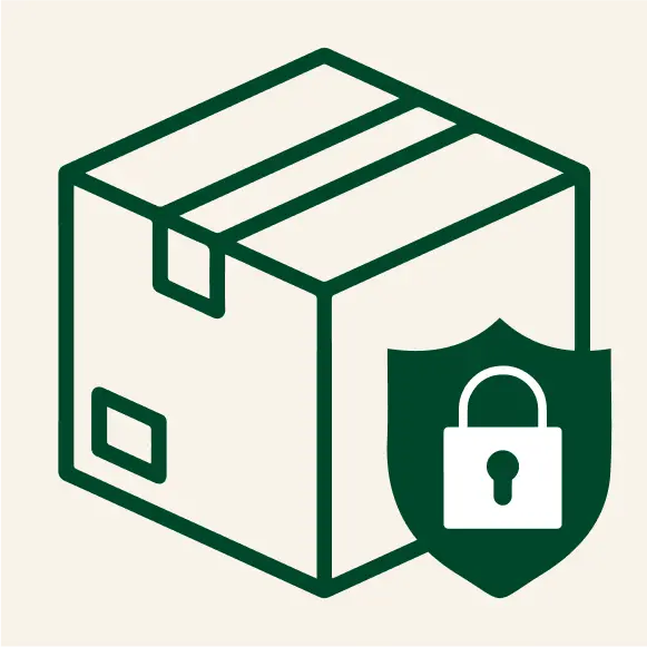 Icon of a shipping box with a padlock shield, indicating secure or protected delivery.
