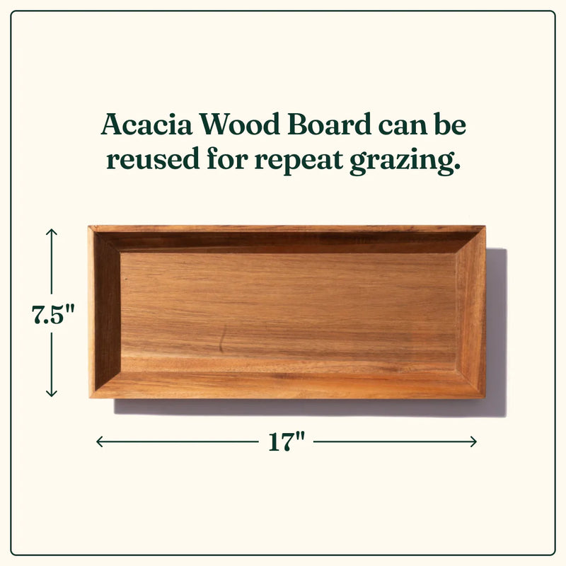 Our medium Cheese Boards are shipped on reusable Acacia wood boards for repeatable grazing