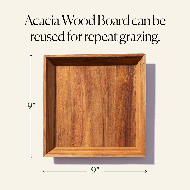 Acacia wood cheese board shown with dimensions, reusable for repeat grazing.