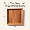 Acacia wood cheese board shown with dimensions, reusable for repeat grazing.
